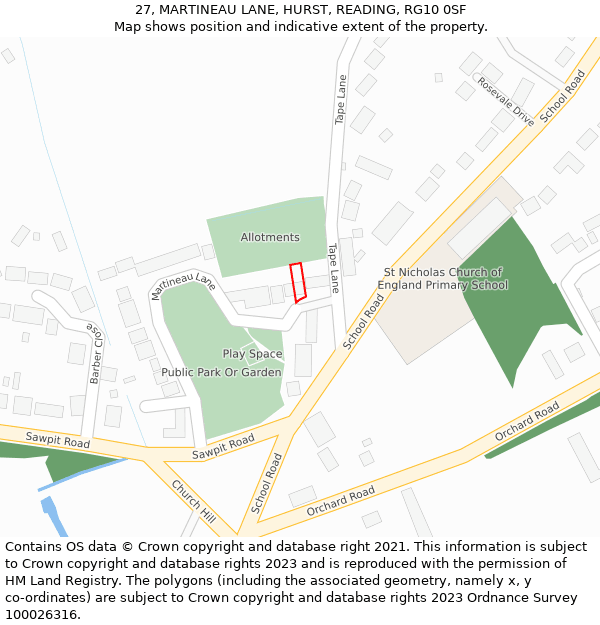 27, MARTINEAU LANE, HURST, READING, RG10 0SF: Location map and indicative extent of plot