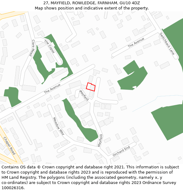 27, MAYFIELD, ROWLEDGE, FARNHAM, GU10 4DZ: Location map and indicative extent of plot