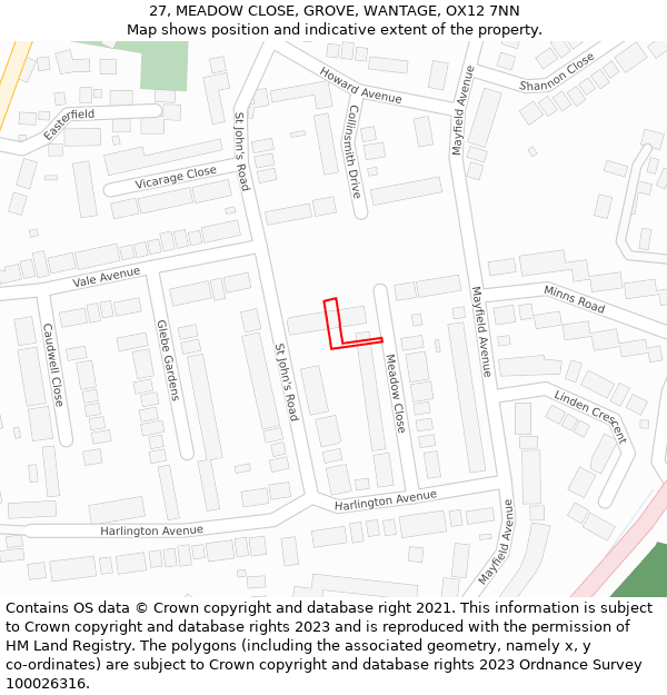 27, MEADOW CLOSE, GROVE, WANTAGE, OX12 7NN: Location map and indicative extent of plot