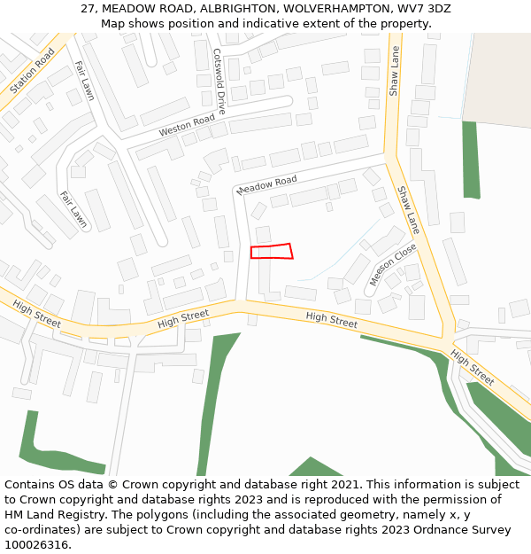 27, MEADOW ROAD, ALBRIGHTON, WOLVERHAMPTON, WV7 3DZ: Location map and indicative extent of plot
