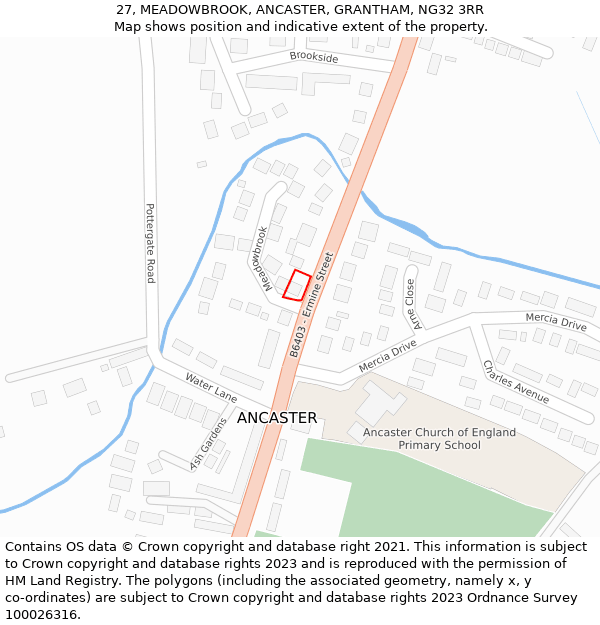 27, MEADOWBROOK, ANCASTER, GRANTHAM, NG32 3RR: Location map and indicative extent of plot