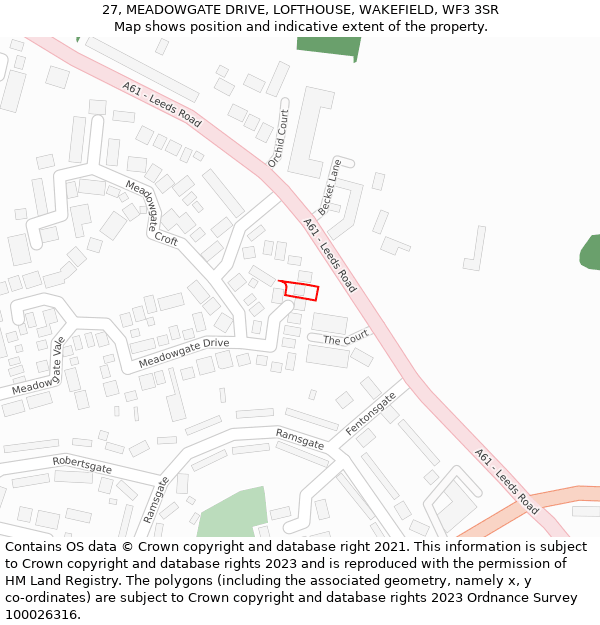 27, MEADOWGATE DRIVE, LOFTHOUSE, WAKEFIELD, WF3 3SR: Location map and indicative extent of plot