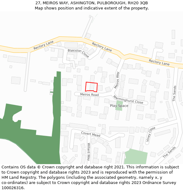 27, MEIROS WAY, ASHINGTON, PULBOROUGH, RH20 3QB: Location map and indicative extent of plot