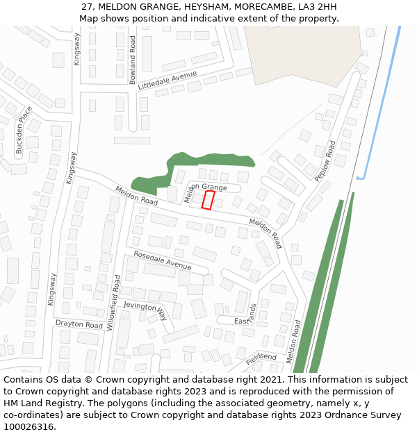 27, MELDON GRANGE, HEYSHAM, MORECAMBE, LA3 2HH: Location map and indicative extent of plot