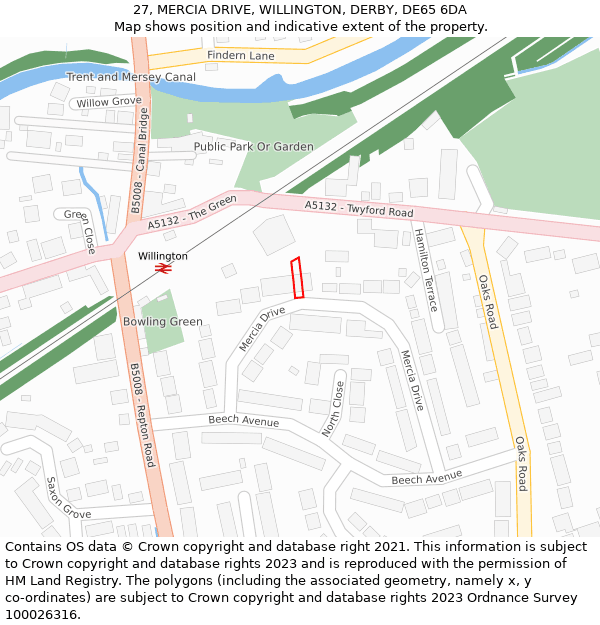 27, MERCIA DRIVE, WILLINGTON, DERBY, DE65 6DA: Location map and indicative extent of plot