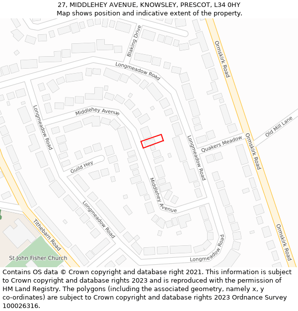 27, MIDDLEHEY AVENUE, KNOWSLEY, PRESCOT, L34 0HY: Location map and indicative extent of plot