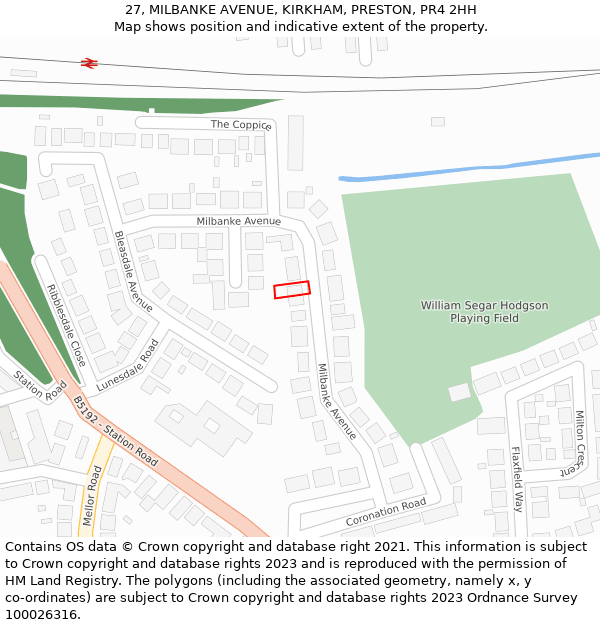 27, MILBANKE AVENUE, KIRKHAM, PRESTON, PR4 2HH: Location map and indicative extent of plot