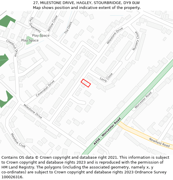 27, MILESTONE DRIVE, HAGLEY, STOURBRIDGE, DY9 0LW: Location map and indicative extent of plot