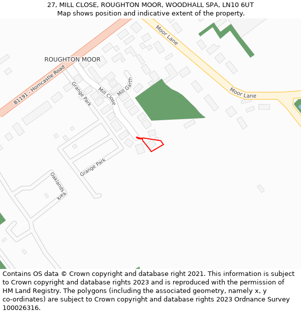 27, MILL CLOSE, ROUGHTON MOOR, WOODHALL SPA, LN10 6UT: Location map and indicative extent of plot