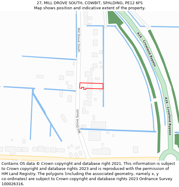 27, MILL DROVE SOUTH, COWBIT, SPALDING, PE12 6FS: Location map and indicative extent of plot