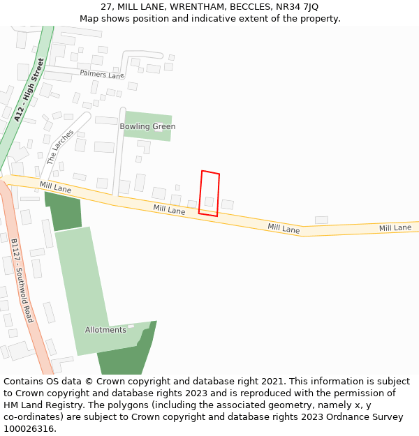 27, MILL LANE, WRENTHAM, BECCLES, NR34 7JQ: Location map and indicative extent of plot