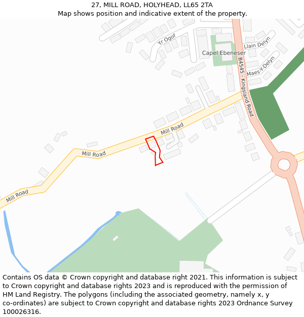 27, MILL ROAD, HOLYHEAD, LL65 2TA: Location map and indicative extent of plot