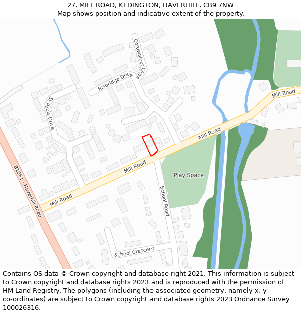 27, MILL ROAD, KEDINGTON, HAVERHILL, CB9 7NW: Location map and indicative extent of plot