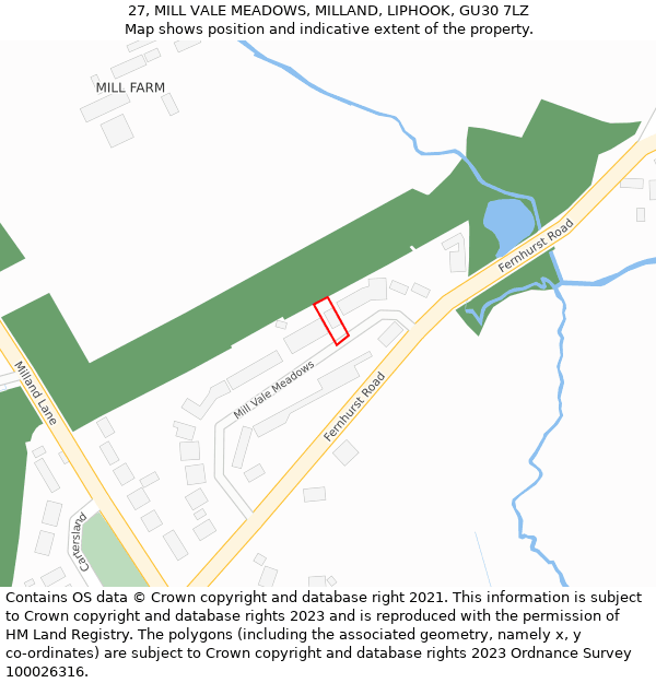 27, MILL VALE MEADOWS, MILLAND, LIPHOOK, GU30 7LZ: Location map and indicative extent of plot