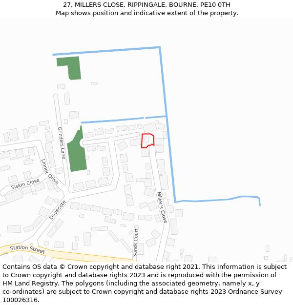 27, MILLERS CLOSE, RIPPINGALE, BOURNE, PE10 0TH: Location map and indicative extent of plot