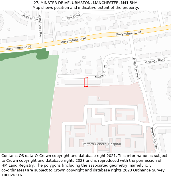 27, MINSTER DRIVE, URMSTON, MANCHESTER, M41 5HA: Location map and indicative extent of plot