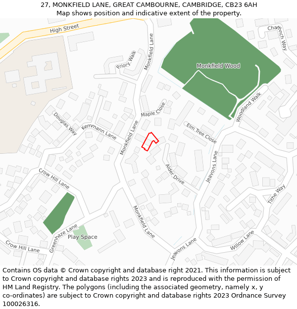 27, MONKFIELD LANE, GREAT CAMBOURNE, CAMBRIDGE, CB23 6AH: Location map and indicative extent of plot