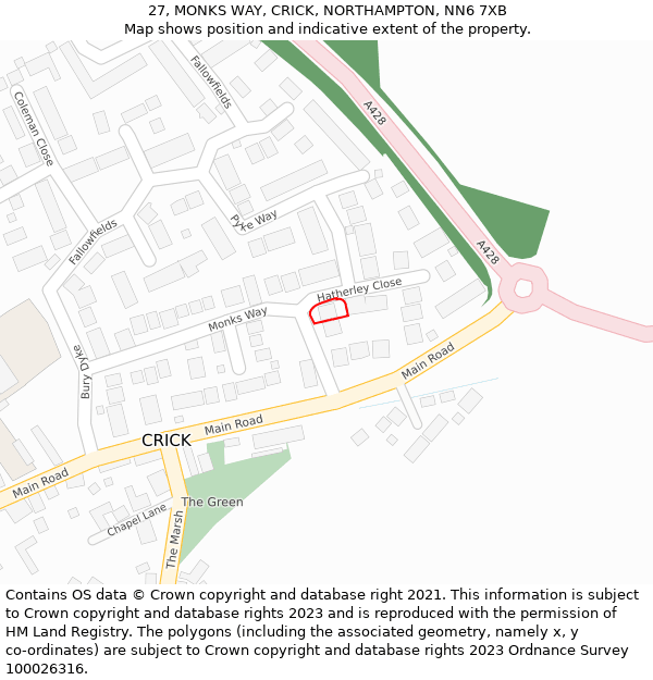 27, MONKS WAY, CRICK, NORTHAMPTON, NN6 7XB: Location map and indicative extent of plot