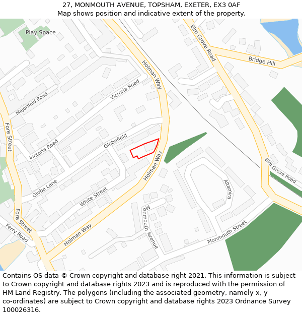 27, MONMOUTH AVENUE, TOPSHAM, EXETER, EX3 0AF: Location map and indicative extent of plot