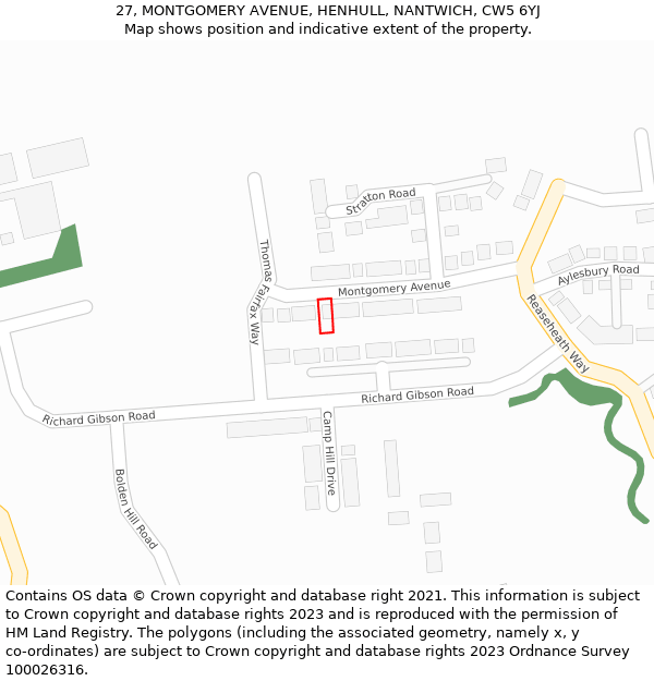 27, MONTGOMERY AVENUE, HENHULL, NANTWICH, CW5 6YJ: Location map and indicative extent of plot