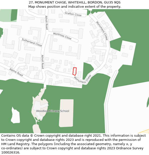 27, MONUMENT CHASE, WHITEHILL, BORDON, GU35 9QS: Location map and indicative extent of plot