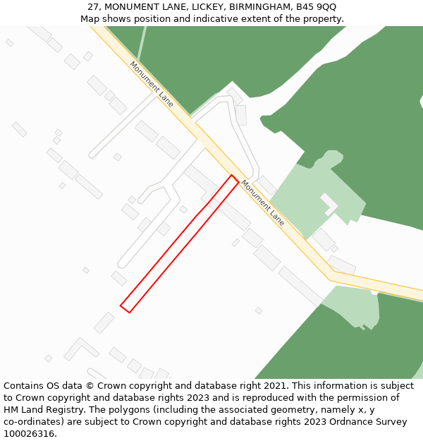 27, MONUMENT LANE, LICKEY, BIRMINGHAM, B45 9QQ: Location map and indicative extent of plot