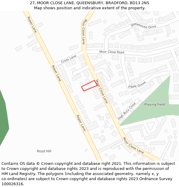 27, MOOR CLOSE LANE, QUEENSBURY, BRADFORD, BD13 2NS: Location map and indicative extent of plot