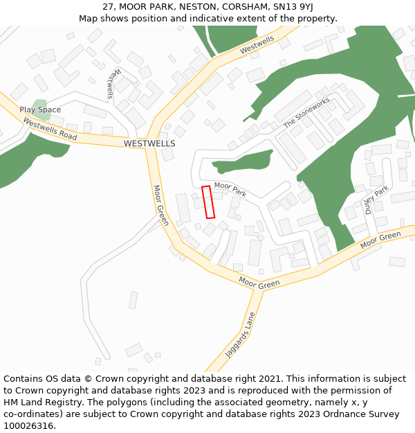 27, MOOR PARK, NESTON, CORSHAM, SN13 9YJ: Location map and indicative extent of plot