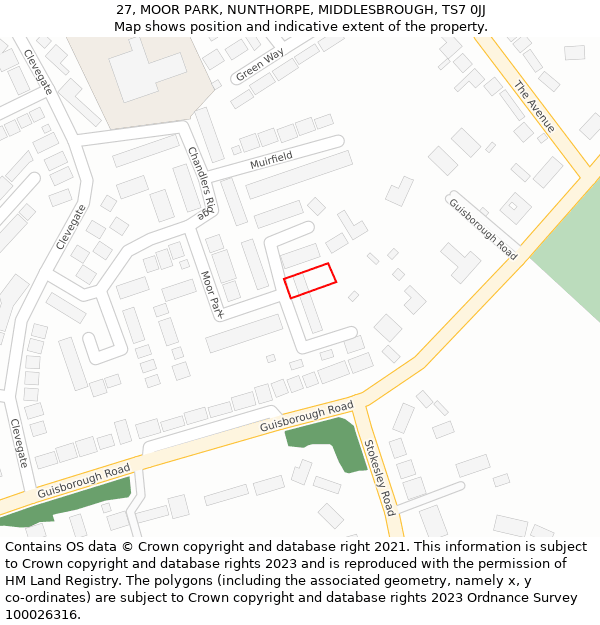 27, MOOR PARK, NUNTHORPE, MIDDLESBROUGH, TS7 0JJ: Location map and indicative extent of plot