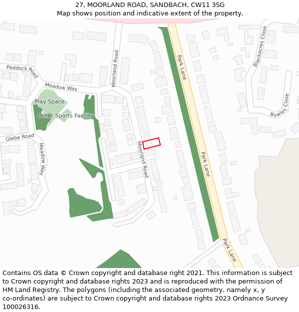27, MOORLAND ROAD, SANDBACH, CW11 3SG: Location map and indicative extent of plot
