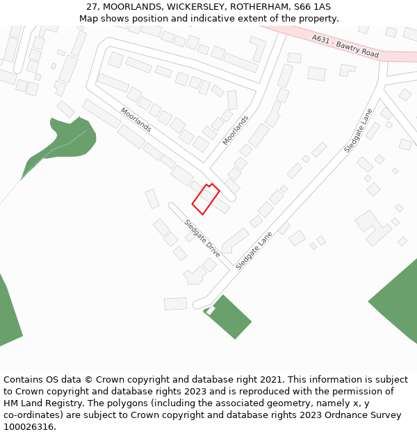 27, MOORLANDS, WICKERSLEY, ROTHERHAM, S66 1AS: Location map and indicative extent of plot