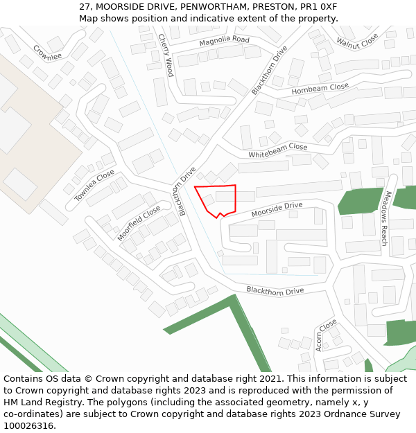 27, MOORSIDE DRIVE, PENWORTHAM, PRESTON, PR1 0XF: Location map and indicative extent of plot