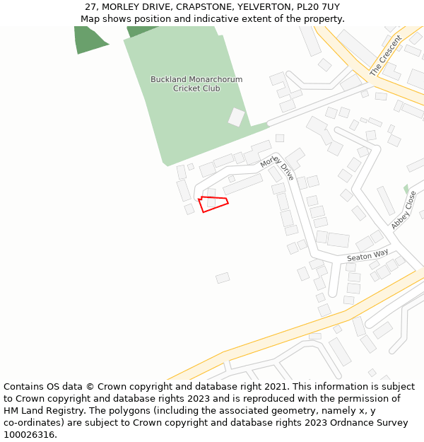27, MORLEY DRIVE, CRAPSTONE, YELVERTON, PL20 7UY: Location map and indicative extent of plot