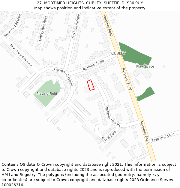 27, MORTIMER HEIGHTS, CUBLEY, SHEFFIELD, S36 9UY: Location map and indicative extent of plot