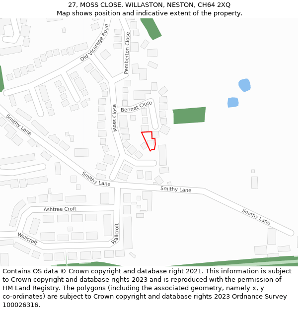 27, MOSS CLOSE, WILLASTON, NESTON, CH64 2XQ: Location map and indicative extent of plot