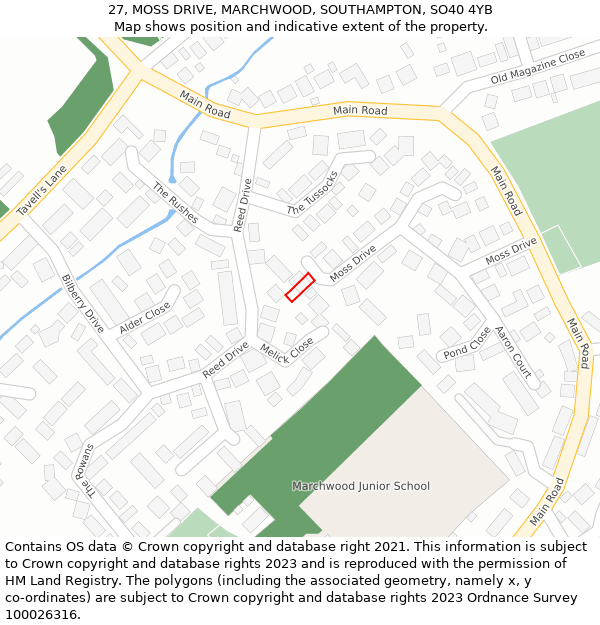 27, MOSS DRIVE, MARCHWOOD, SOUTHAMPTON, SO40 4YB: Location map and indicative extent of plot