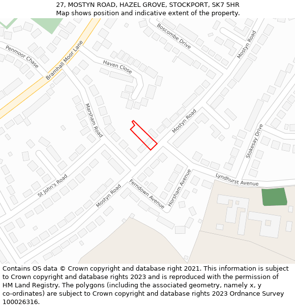 27, MOSTYN ROAD, HAZEL GROVE, STOCKPORT, SK7 5HR: Location map and indicative extent of plot