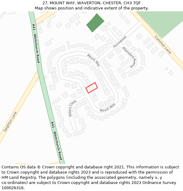 27, MOUNT WAY, WAVERTON, CHESTER, CH3 7QF: Location map and indicative extent of plot