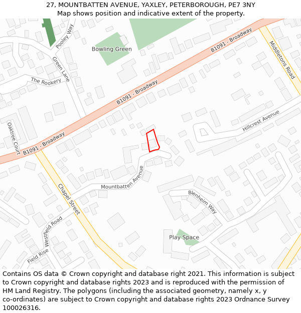 27, MOUNTBATTEN AVENUE, YAXLEY, PETERBOROUGH, PE7 3NY: Location map and indicative extent of plot