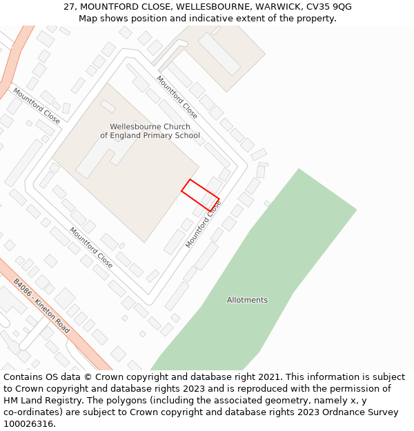 27, MOUNTFORD CLOSE, WELLESBOURNE, WARWICK, CV35 9QG: Location map and indicative extent of plot
