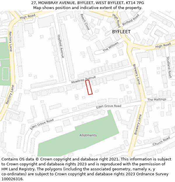 27, MOWBRAY AVENUE, BYFLEET, WEST BYFLEET, KT14 7PG: Location map and indicative extent of plot