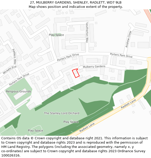 27, MULBERRY GARDENS, SHENLEY, RADLETT, WD7 9LB: Location map and indicative extent of plot