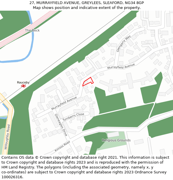 27, MURRAYFIELD AVENUE, GREYLEES, SLEAFORD, NG34 8GP: Location map and indicative extent of plot