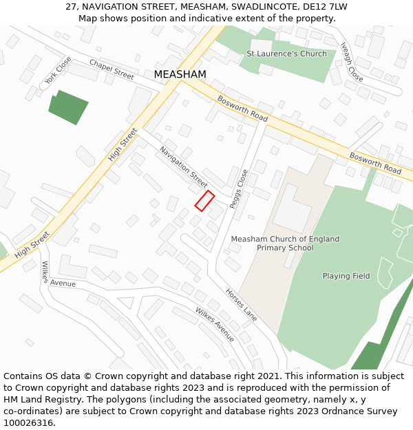 27, NAVIGATION STREET, MEASHAM, SWADLINCOTE, DE12 7LW: Location map and indicative extent of plot