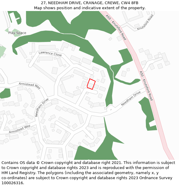 27, NEEDHAM DRIVE, CRANAGE, CREWE, CW4 8FB: Location map and indicative extent of plot