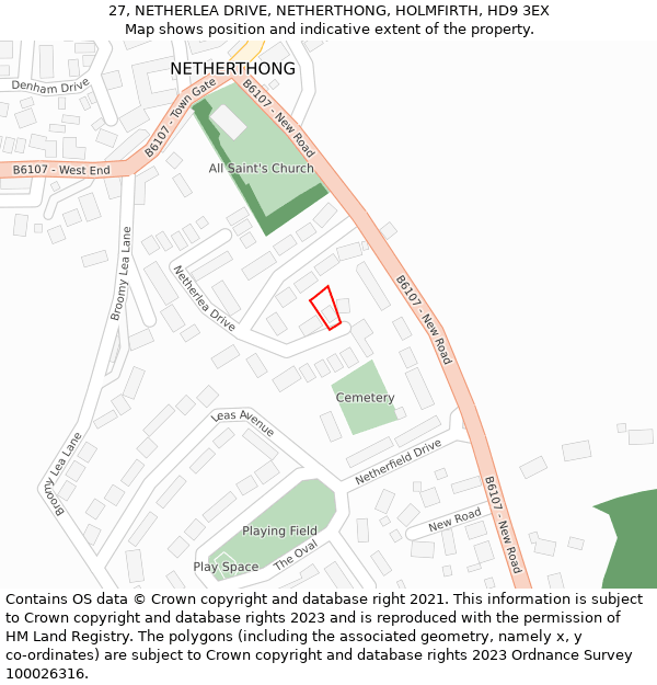 27, NETHERLEA DRIVE, NETHERTHONG, HOLMFIRTH, HD9 3EX: Location map and indicative extent of plot
