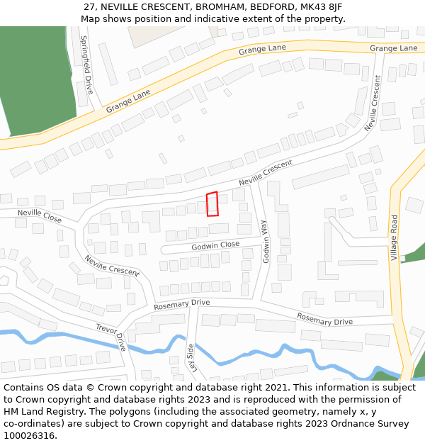 27, NEVILLE CRESCENT, BROMHAM, BEDFORD, MK43 8JF: Location map and indicative extent of plot