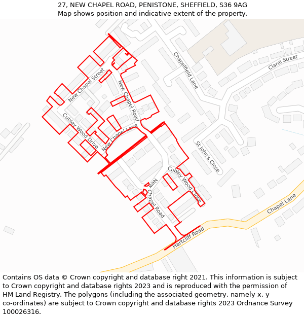 27, NEW CHAPEL ROAD, PENISTONE, SHEFFIELD, S36 9AG: Location map and indicative extent of plot