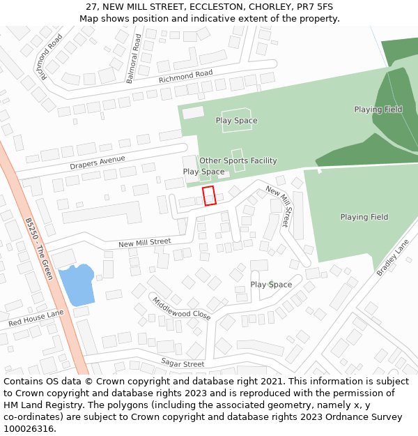 27, NEW MILL STREET, ECCLESTON, CHORLEY, PR7 5FS: Location map and indicative extent of plot