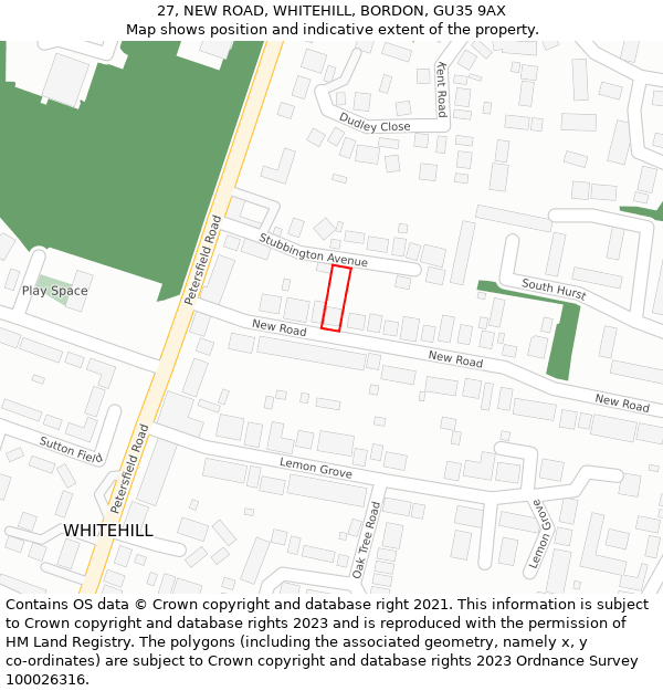 27, NEW ROAD, WHITEHILL, BORDON, GU35 9AX: Location map and indicative extent of plot